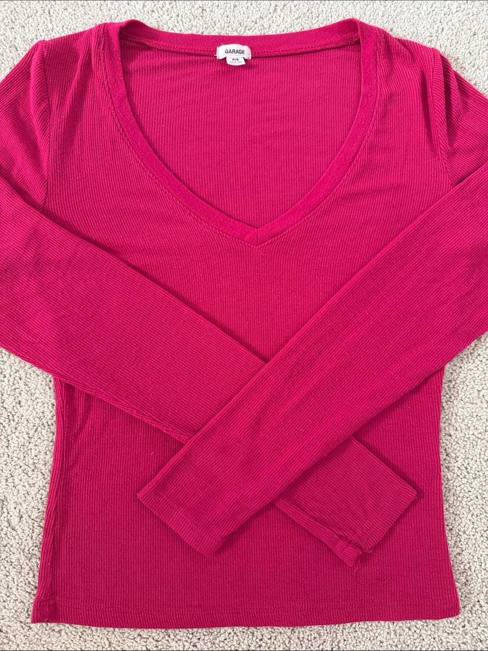 Garage Ribbed V-Neck Long-Sleeve Top - Fuchsia